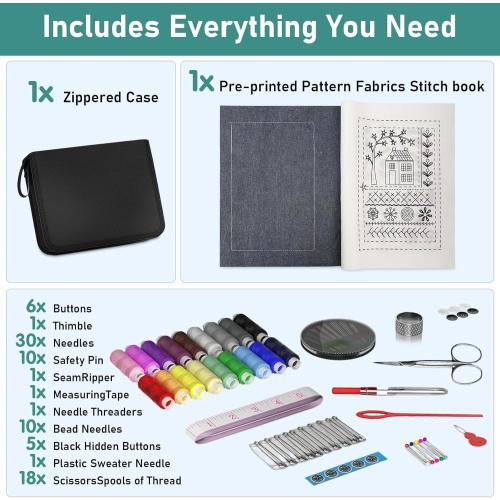 New Embroidery Stitch Book Kit for Adults & DIY Craft Lovers,Portable Embroidery Kit for Beginners Enthusiasts,Includes Guide to 106 Patterns with Tools & Tutorials and 86-Piece Sewing Tool Kit(1 Set)