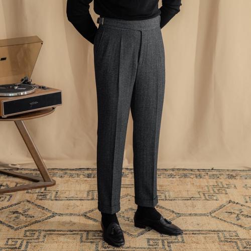 Size 32 Men Trousers Vintage Tweed Blend Pants Herringbone Slim Fit Pleat-Front Pant