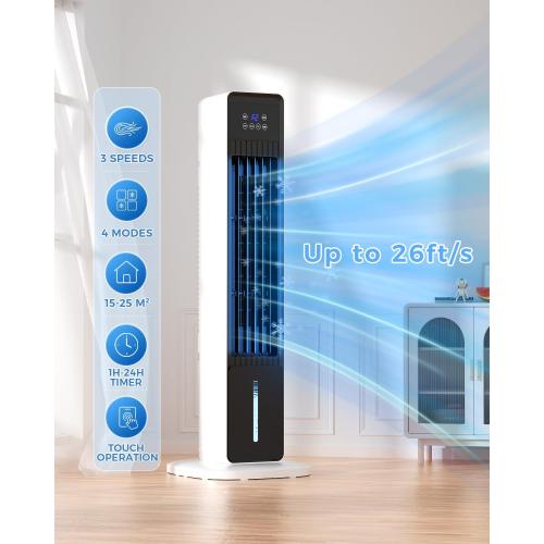 Evaporative Air Cooler, 3-in-1 Portable AC Tower Fan Air Conditioner with 4 Modes & 3 Speeds, 24H Timer, Remote 60°Oscillating Tower Fan, Quiet Swamp Cooler, Tower AC for Bedroom Office, 36inch, Black