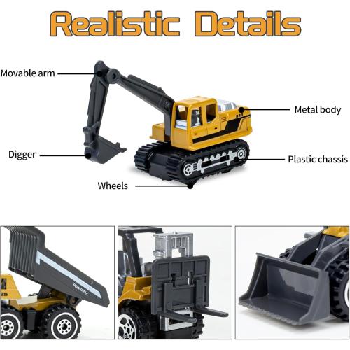 Construction Toys, 6 Pack Alloy Diecast Cars Construction Truck Toys for 3 4 5 6 7 Year Old Boys, Forklift, Excavator, Dump Truck Tractor Toy Playset for Kids Toddlers Birthday Easter Gifts