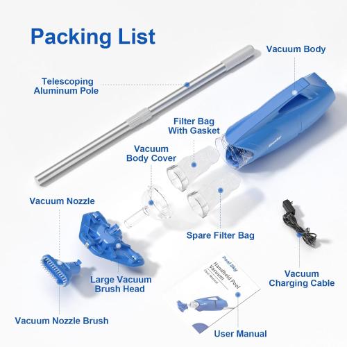 Pool Vacuum for Above Ground Pool: Cordless Handheld Pool Vacuum w/Telescopic Pole, Rechargeable Swimming Pool Cleaner for Inground Pools and Hot Tubs, Powerful Suction up to 18 Gallons/Min.