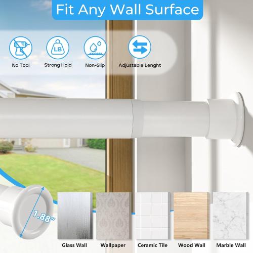 Tension Curtain Rod 64-120 Inches, Heavy Duty Tension Rod for Windows, No Drilling Adjustable Curtain Rod for Patio, Renter Friendly Pressure Curtain Rods for Room Divider, Outdoor, White