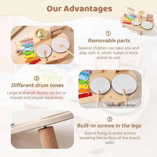 Promise Babe Wooden Musical Instruments for Toddlers 1-3, Percussion Instruments for Kids Baby Drum Set Xylophone, Montessori Educational Musical Toys, Gifts for Girls Boys Ages 3