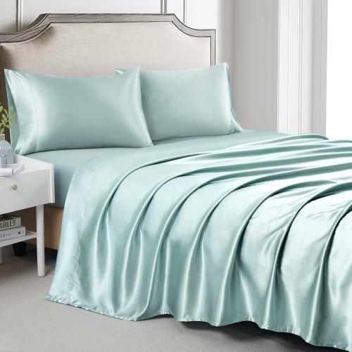 Silk Satin Bed Sheets, Full Size Sheets Set, Ultra Soft Silky Bedding Set with 18'' Extra Deep Pocket Fitted Sheet for High Mattress (Full, Aqua)
