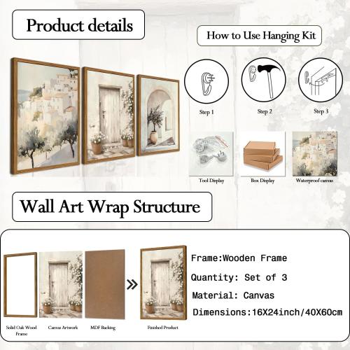 Framed Vintage Italian Wall Art Set of 3, Rustic Neutral Olive Tree Pictures Wall Decor, Mediterranean Farmhouse Landscape Paintings Canvas Prints Country Home Decor for Living Room Bedroom 16x24 inch