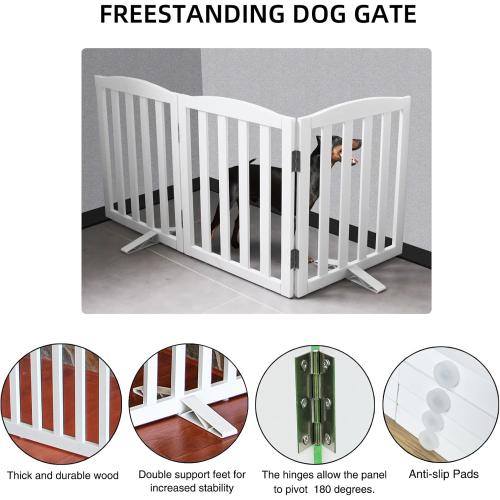 Freestanding Dog Gate Indoor,Doggie Gate Foldable Dog Gates for Doorways,Stairs or Hallways, Wooden White Pet Gate for The House, Pet Fence with Support Feet Included,32 Height-3 Panels