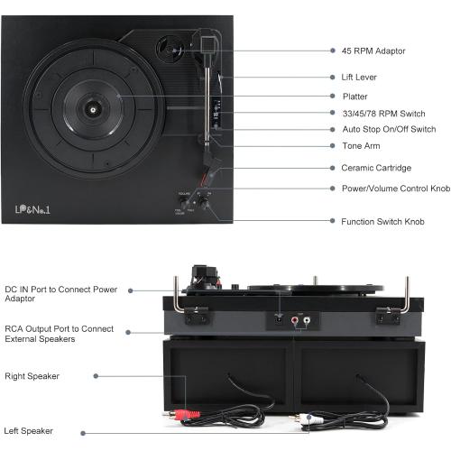 Vinyl Record Player with Stereo Bookshelf Speakers, 3-Speed Belt-Drive Turntable, Modern Vinyl LP Player with Wireless Playback, Auto Stop, RCA Output | Black Leather