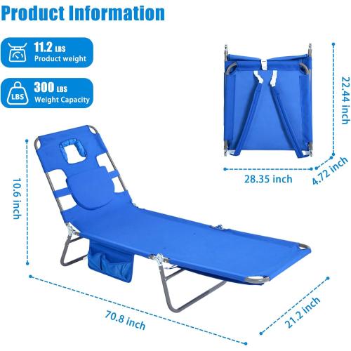 SUNNYFEEL Lay Flat Tanning Chair with Face Down Hole & Arm Slots, Backpack Beach Lounge Chair, 5-Position Folding Sunbathing Chair, 300 LBS Heavy Duty, 72 L x 22 W for Beach, Pool, Camping