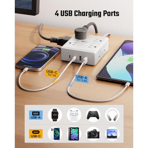 10Ft Extension Cord with Multiple Outlets, Flat Plug Surge Protector Power Strip 10 Ft Long Cord, 8 Outlets & 4 USB Ports (2 USB C), Desk Charging Station for Home Office, College Dorm Room Essentials