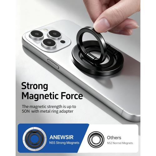 Magnetic Phone Ring MagSafe Phone Grip, Magnetic Cell Phone Stand Holder Finger Ring [Super Magnet] [360° Rotation] [Double Bracket] - Black 2025 New