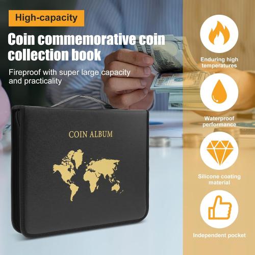 Coin Collection Book Holder Organizer, Fireproof Coin Collection Album Holder for Collectors, Coin Holder Book, 200 Pockets Coin Collecting Album & 30 Sleeves Money Storage Case