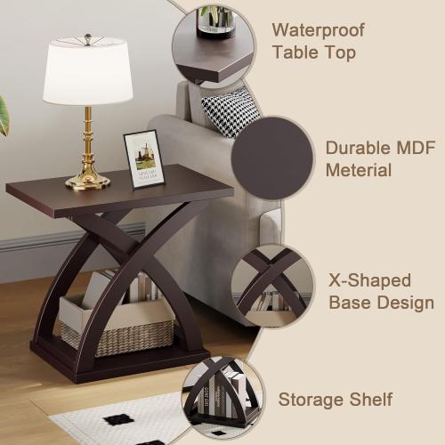 ChooChoo End Side Table Set of 2, Modern End Table with Storage Shelf, X-Design Side Table Living Room (Espresso)
