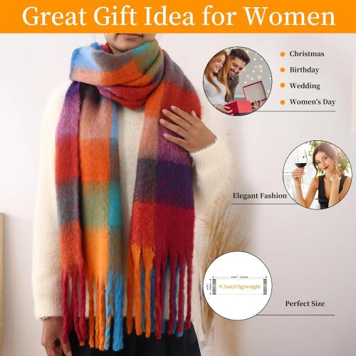 Winter Warm Super Soft Rainbow Long Shawl,Women's Faux Cashmere Knitted Thick Blanket Scarf,Tassels Scarf