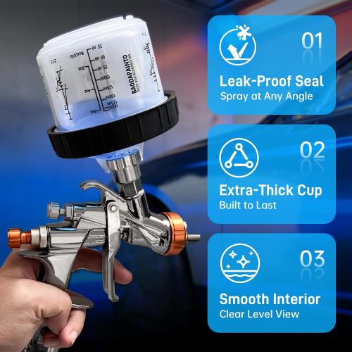 Disposable Paint Cups for Spray Gun, Paint System for HVLP and LVLP Paint Spray Paint Gun, 6.5 Ounce (200ml) Kit with 50 Cups and Lids System, 2 Hard Cups with Retainer Ring, 20 Plugs, 3 Mixing Sticks