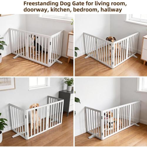 ZJSF Freestanding Indoor Dog Gate for House Foldable Wood White Puppy Gate for Doorways Pet Gate for Stairs Extra Wide Pet Fence 24 Height 3 Panels