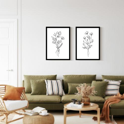 Framed Set of Two Canvas Wall Art Simple Botanical Line Print Black and White Floral Poster Modern Gallery Print for Living Room or Bedroom Wall Decor 12x16 Inch