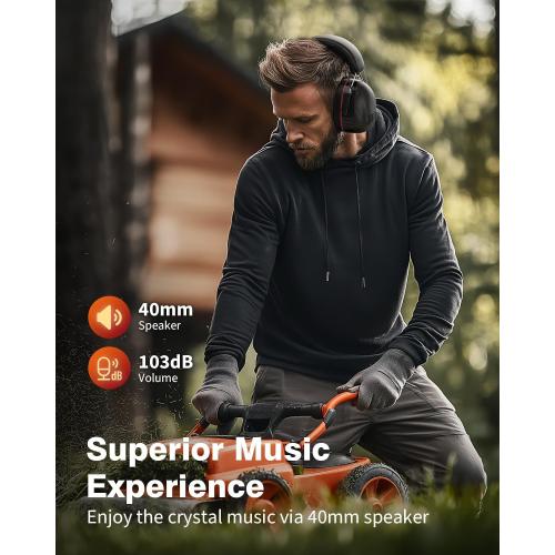 Bluetooth 6.0 Hearing Protection Headphones with 120H Working Time, 30dB SNR, Superior Stereo Sound Quality, Larger Buttons for Easy Operation, Safety Ear Muffs for Lawn Mowing, Workshops