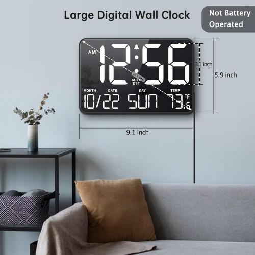 Soobest Large Display Digital Wall Calendar Clock with Date Day of Week, Alarm Clock for Bedroom Desk, Timer for Home Gym Workout 6 Dimmer Auto DST 12/24hr with Remote and Temperature(White)