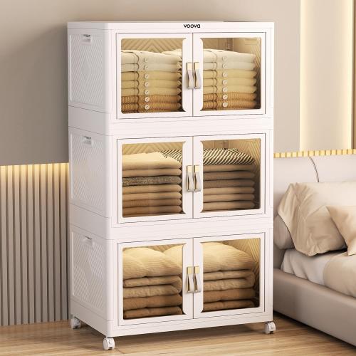 Voova 65QT Storage Bins with Lids,Stackable Collapsible Closet Organizers and Storage Cabinet with Drawer,Folding Plastic Craft Storage Containers Box with Door&Wheels for Home,Office,Dorm Room,3 Pack