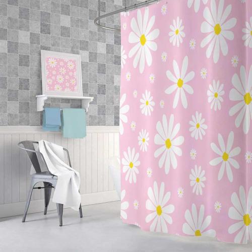 Pink Daisy Floral Shower Curtain, Cute Boho White and Pink Groovy Retro Flower Fabric Shower Curtains Set for Girls Bathroom Decorative, Aesthetic Restroom Decor Accessories with Hooks 72X72 Inch