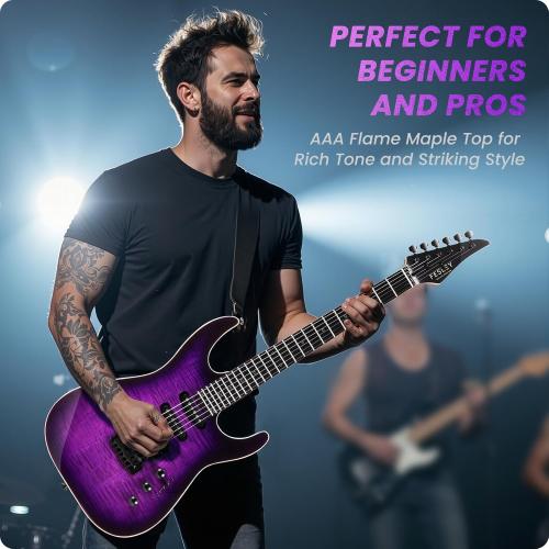 39 Solid Body Electric Guitar: Electric Guitar Kit with Bone Nut, Full Size 6 String Guitars with 24 Frets 10 Pack Guitar Picks (Purple)