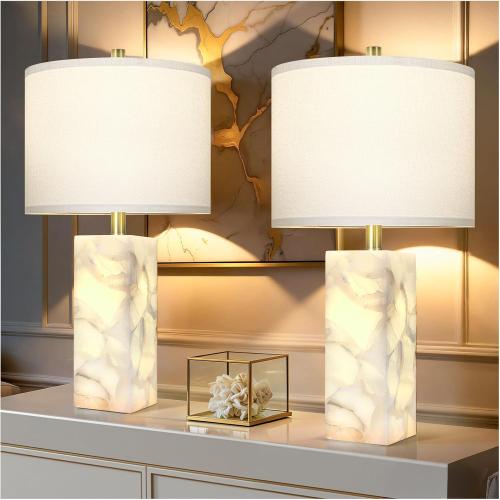 Scenekoy Alabaster Table Lamp Set of 2 with Night Light for Bedroom Living Room, 23 Rotary Switch Bedside Lamp with Linen Shade, Modern Nightstand Lamps for Room Office Dorm (Bulb Included)