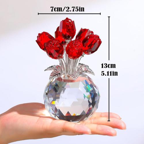 Crystal Red Rose Bouquet Figurine with Round Vase, Glass Rose Flower Romantic Gifts for Women Mom on Birthday, Collectible Decoration Table Centerpiece for Home