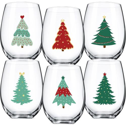 Umigy Set of 6 Winter Stemless Wine Glasses, 12 oz Winter Wine Glassware Funny Holiday Glass Drinkware Mug Cup for Holiday Festive Gatherings(Red Green Xmas Tree)