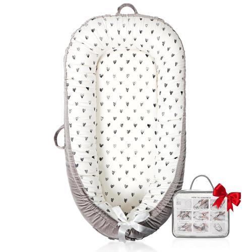 White, Black hearts, Grey Organic Cotton Baby Lounger – Reversible, Portable, Soft & Breathable with Washable Cover | Perfect for Awake-Time Use Only-Black Heart