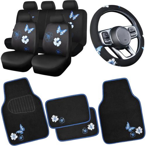 CAR PASS Blue Butterfly Car Seat Covers Full Set, Embroidered Flower Waterproof Car Floor Mats Carpet, Butterflies Steering Wheel Cover for Universal Car Accessories Interior Sets (Black and Blue)