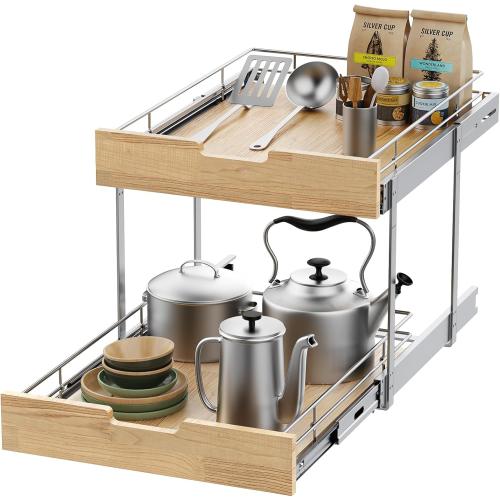 Pull Out Cabinet Organizer,Heavy-Duty Slide Out Shelf, Wood and Wire Basket, Pull Out Drawer for for Kitchen Under Sink Space, Pantry, Bathroom, 2 Tie 26 * 21 in