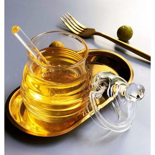 Lawei Glass Honey Jar with Dipper and Lid, 10 OZ Heat-Resistant Bee Hives Honey Pot, Clear Glass Honey Container for Store Honey and Syrup, Home and Kitchen, Easy to Clean, Dishwasher Safe