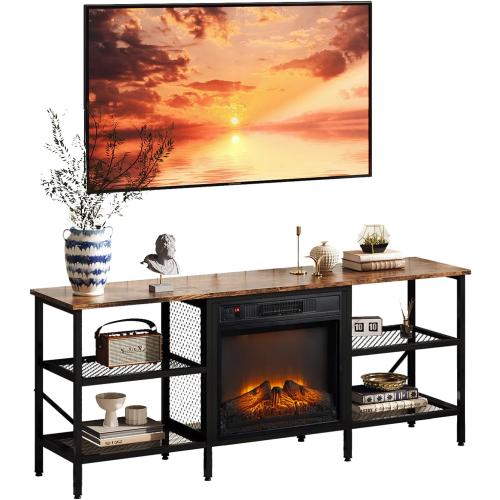 VINGLI‘’ Fireplace TV Stand for up to 70'' TV, Entertainment Center with 18'' Electric Fireplace Heater, Fireplace Media Console Table with Open Metal Shelves, Rustic Brown (Fireplace insert is NOT included)