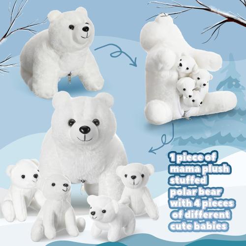 Syhood 5 Pcs Polar Bear Plush Set 12 Inch Mommy Polar Bear Stuffed Animal with 4 Plush Bear Babies Cuddly Bear Gifts for Boys Girls Christmas Birthday Decoration (Realistic Style)