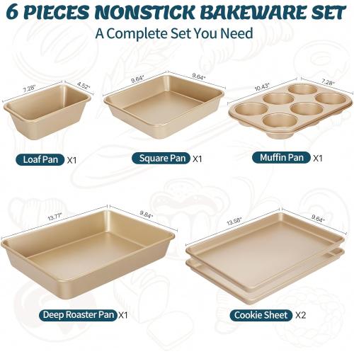 Baking Pans Set, Nonstick Stackable Bakeware Sets, Oven Pans for Cooking, AIVIKI 6 Pieces Baking Sheets Set Including Cookie Sheet, Deep Roaster Pan, Square Pan, Loaf Pan, Muffin Pan, Carbon Steel