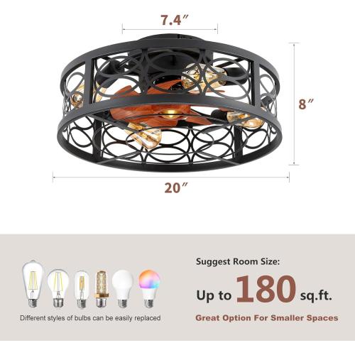 20 Caged Ceiling Fan with Light and Remote，Bladeless Ceiling Fan 6 Speed Reversible with 4 Bulbs and Remote Control.Low Profile Ceiling Fans with Lights for Bedroom, Dining Room