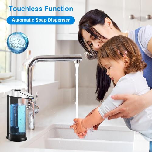 Size 500ML Color Black and silver Automatic Soap Dispenser Wall Mount, Touchless Soap Dispenser 500ml/17oz Battery Operated Hand Free Hand Sanitizer Dispenser Wall Mounted for Bathroom Kitchen Hotel Offices Plastic, Chrome