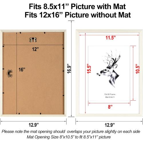 Yaetm White 12x16 Picture Frame with Mat for 8.5x11 Set of 4, Solid Wood Frame 12x16 for Photos, Posters & Art Prints, Horizontal and Vertical Wall Mount (4 pack, White)