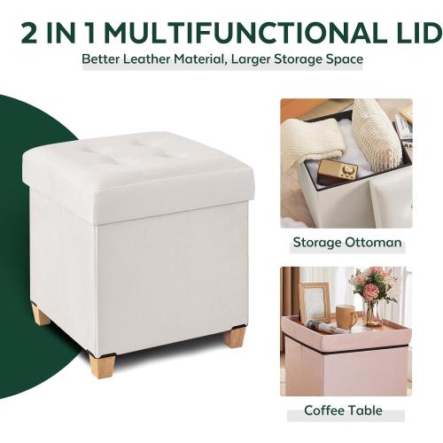 Ottoman with Storage, Square Storage Ottoman for Dorm, Velvet Ottomans with Legs for Living Room, Bedroom, 17.7 D x 17.7 W x 19.9 H, Cream White