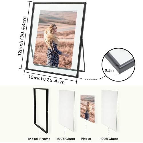 Qiannhee Black Floating Frame (10“x12”,2 Pack), Vertical Picture Frame Hold 10x12in 8x10in 5x7in Photo for Tabletop,Glass Finish Metal Stand Frame
