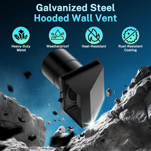 HG Power 8 Inch Hooded Wall Vent with Damper and Screen, Exterior Vent Covers，Galvanized Steel Exhaust Vent, Exhaust Fan Cover for Kitchen Range Hood Ventilation, HVAC Duct Air Exhaust, Black