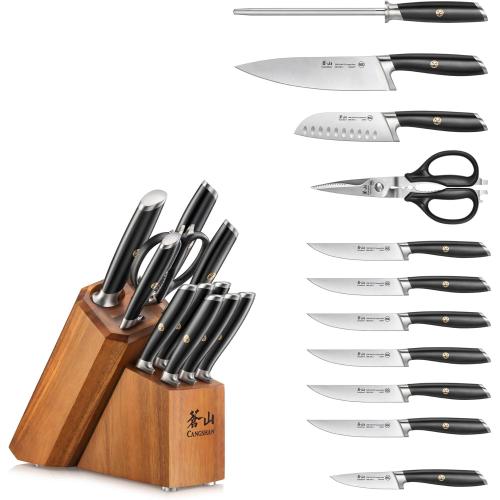 Cangshan L Series 12-Piece Knife Block Set with 6 Steak Knives, Forged German Steel, Acacia Block, Black, 1026061