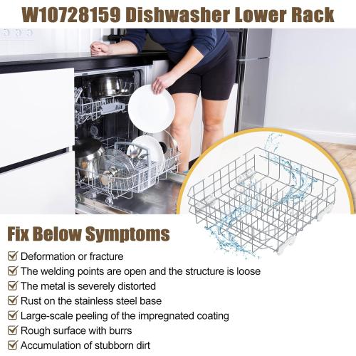UPGRADED W10728159 W10525646 Dishwasher Lower Rack Replacement Compatible with Whirlpool Dishwasher Rack, Replace W10315890 W10078180 Kitchenaid Kenmore Elite Dishwasher Bottom Rack & WP3376961 wheels