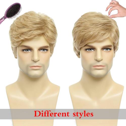 Mens Blonde Wig Short Natural Fluffy Layered Synthetic Wavy Hair Wigs for Men Male Daily Halloween