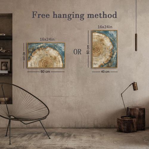BingruiArt Faux Wood Tree Ring 08 Canvas Wall Art 16x24 Framed | Boho Abstract Nature Wall Decor, Green Abstract Wood Grain and Tree Stump Print, Living Room Bedroom Bathroom or Office
