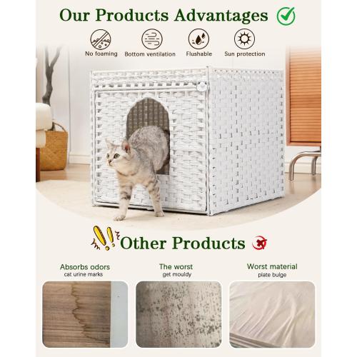 SETVSON Cat Litter Box Enclosure Furniture, Large PE Rattan, White | Large PE Rattan Kitty House fits Large Litter Boxes, Top Fence, Included Litter Mat, 2 S-Hooks, Sturdy Metal Frame