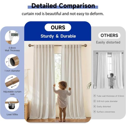 Wood Curtain Rods for Windows: 1 Inch Diameter Heavy Duty Adjustable Curtain Rod 32 to 45, Wood Grain Pattern Blackout Wrap Around Window Rod for Indoor and Outdoor,All Metal