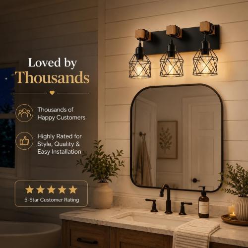 Farmhouse Bathroom Light Fixtures, 3-Light Vanity Lights for Bathroom, Black Wood Bathroom Lighting Over Mirror with Metal Shades, Bulbs Not Included