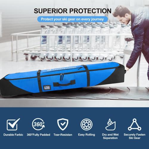Odoland Rolling Ski Bag, Padded Snowboard Bags with Wheels for Air Travel, 900D Water Resistant Oxford Fabric and Extra 2 Dry Bag, Fits Skis Up to 170/190cm