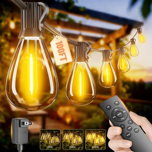 100FT Outdoor String Lights with Remote & Dimmable, 35 1 Shatterproof Waterproof Bulbs, Dimmable Outside Hanging Patio Lights for Backyard, Porch, Deck, Garden 2700K Warm White